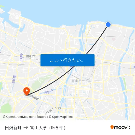 田畑新町 to 富山大学（医学部） map
