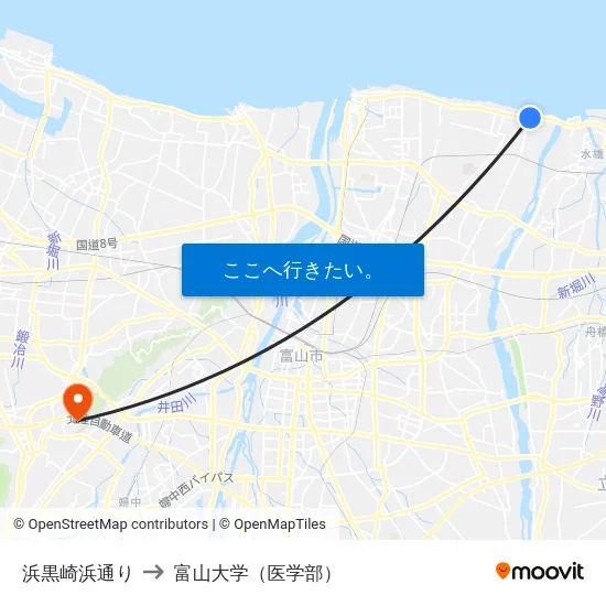 浜黒崎浜通り to 富山大学（医学部） map