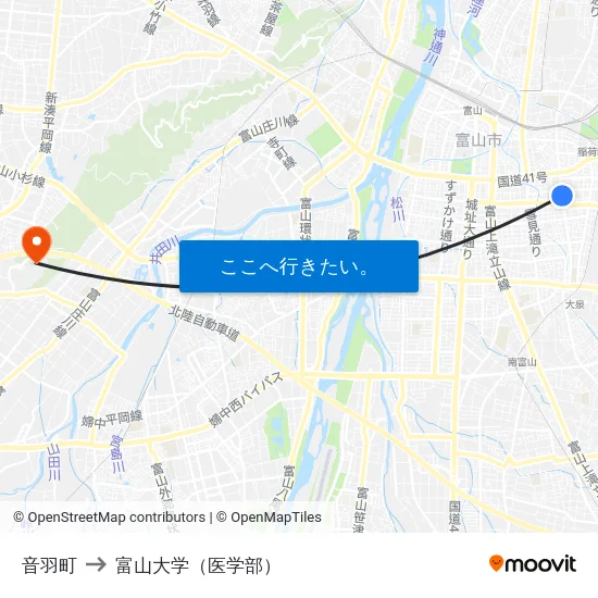 音羽町 to 富山大学（医学部） map