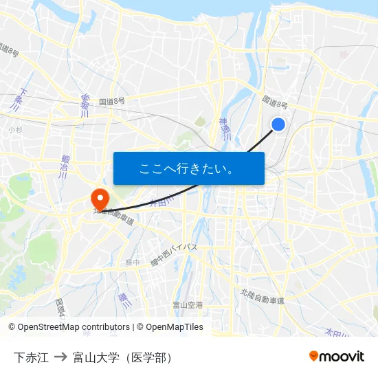 下赤江 to 富山大学（医学部） map