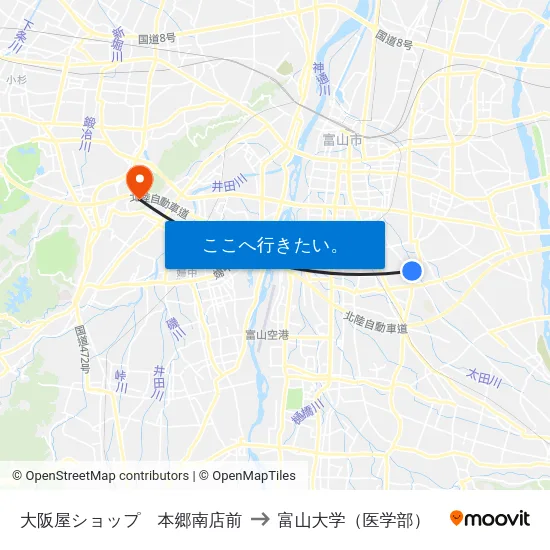 大阪屋ショップ　本郷南店前 to 富山大学（医学部） map