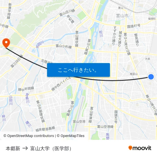 本郷新 to 富山大学（医学部） map