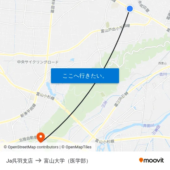 Ja呉羽支店 to 富山大学（医学部） map