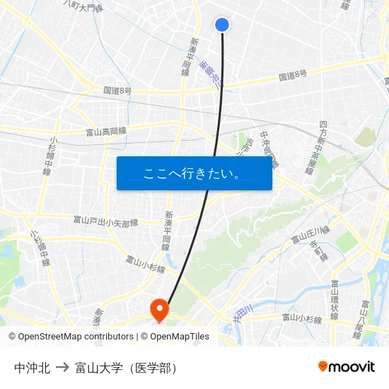 中沖北 to 富山大学（医学部） map