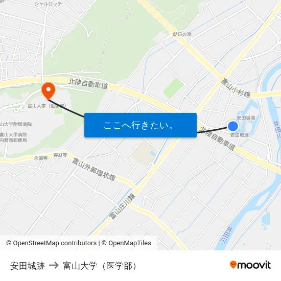 安田城跡 to 富山大学（医学部） map