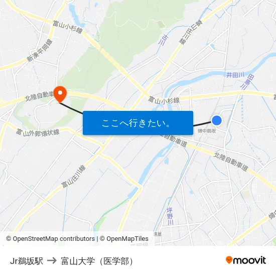 Jr鵜坂駅 to 富山大学（医学部） map