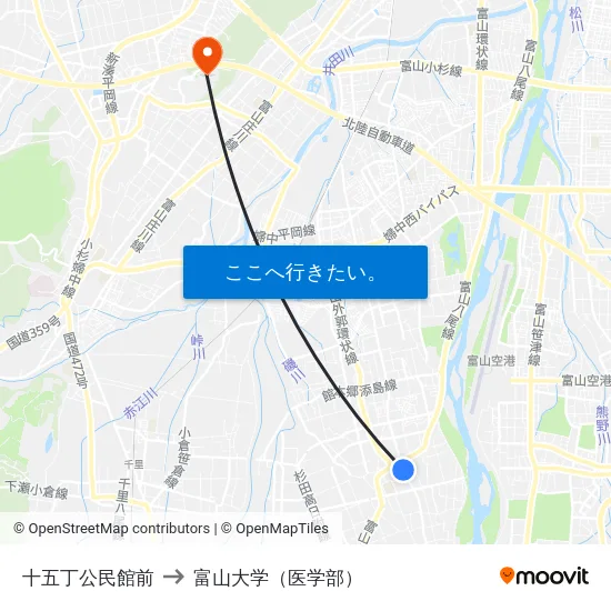 十五丁公民館前 to 富山大学（医学部） map