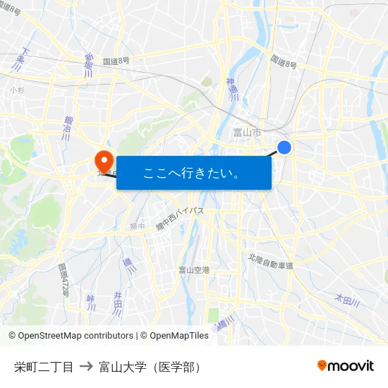 栄町二丁目 to 富山大学（医学部） map