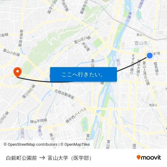 白銀町公園前 to 富山大学（医学部） map