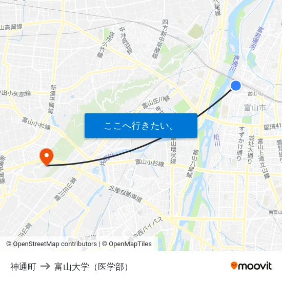 神通町 to 富山大学（医学部） map