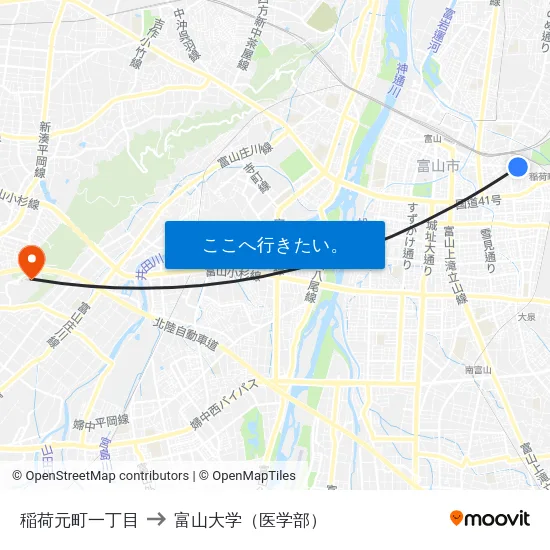 稲荷元町一丁目 to 富山大学（医学部） map