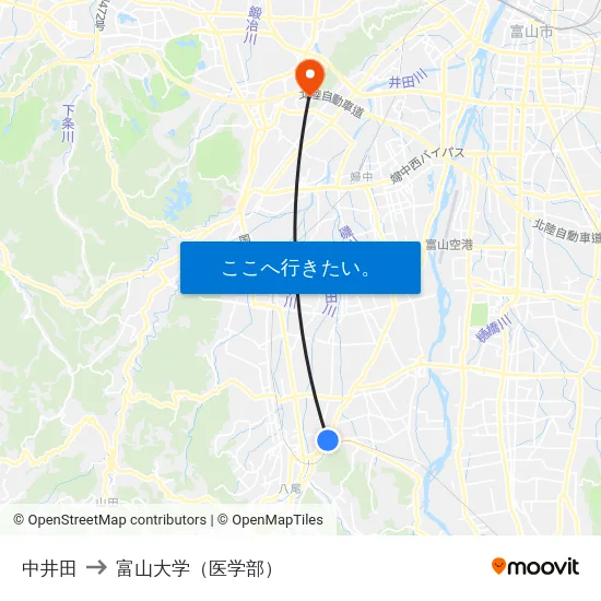 中井田 to 富山大学（医学部） map