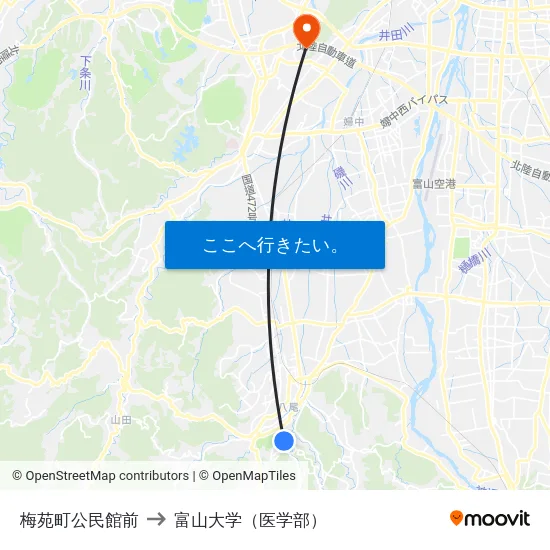 梅苑町公民館前 to 富山大学（医学部） map