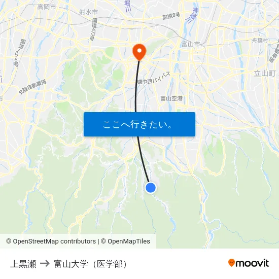 上黒瀬 to 富山大学（医学部） map