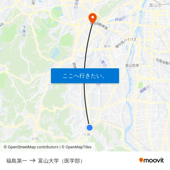 福島第一 to 富山大学（医学部） map