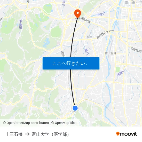 十三石橋 to 富山大学（医学部） map
