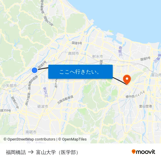 福岡橋詰 to 富山大学（医学部） map