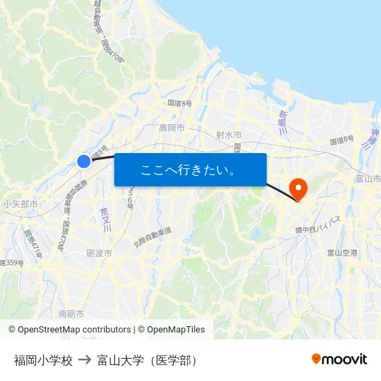福岡小学校 to 富山大学（医学部） map