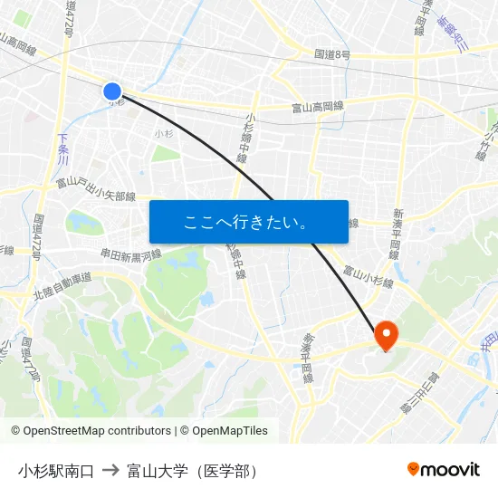 小杉駅南口 to 富山大学（医学部） map