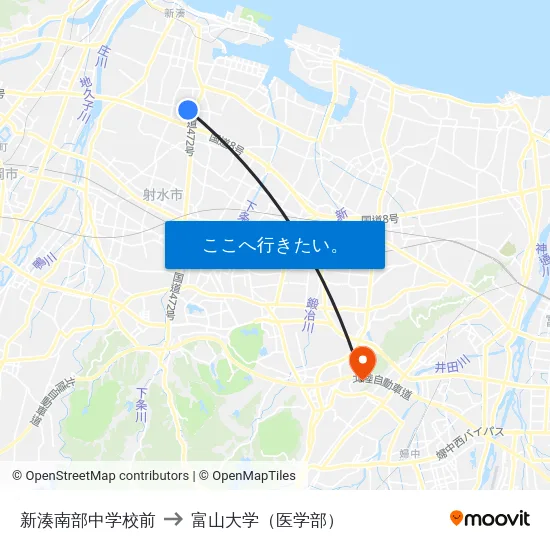 新湊南部中学校前 to 富山大学（医学部） map