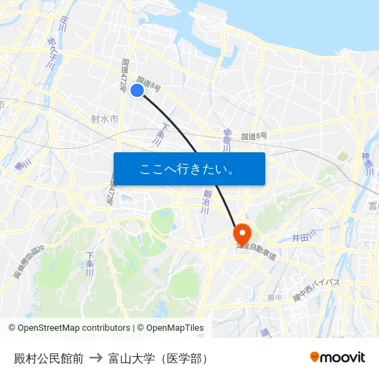 殿村公民館前 to 富山大学（医学部） map