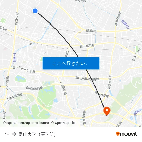 沖 to 富山大学（医学部） map