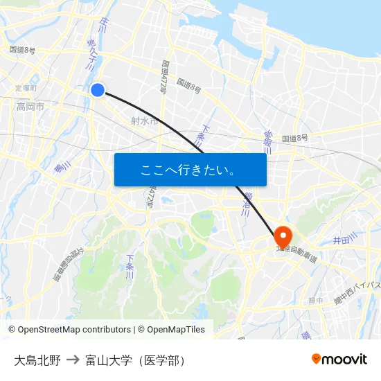 大島北野 to 富山大学（医学部） map