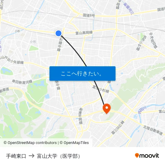 手崎東口 to 富山大学（医学部） map