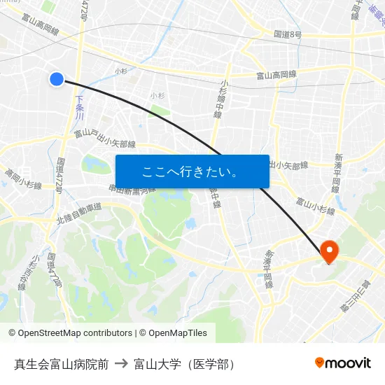 真生会富山病院前 to 富山大学（医学部） map