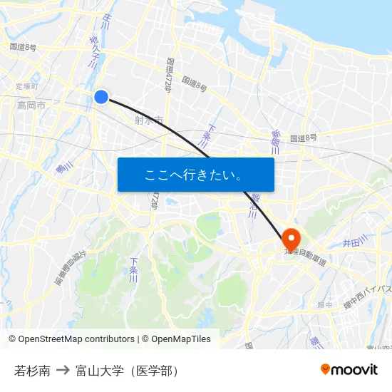 若杉南 to 富山大学（医学部） map