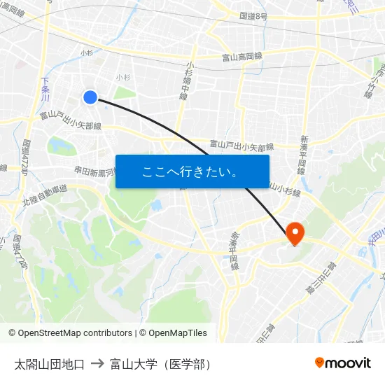 太閤山団地口 to 富山大学（医学部） map