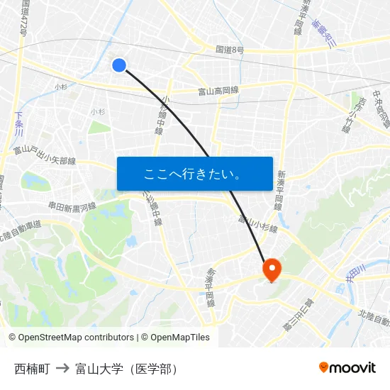 西楠町 to 富山大学（医学部） map