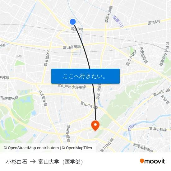 小杉白石 to 富山大学（医学部） map