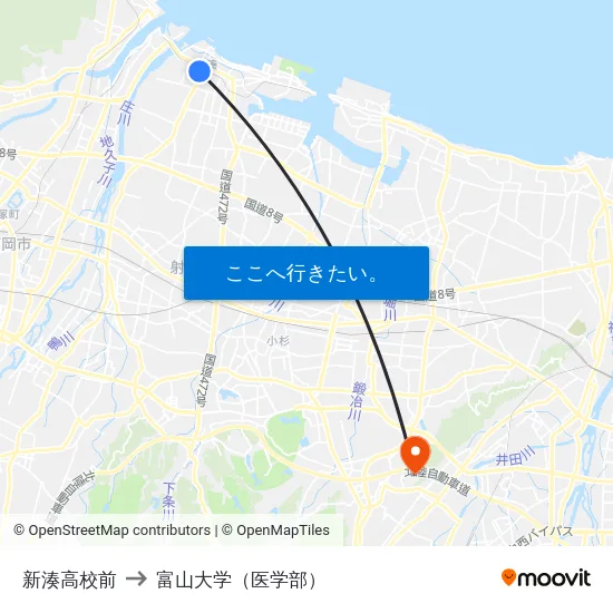 新湊高校前 to 富山大学（医学部） map