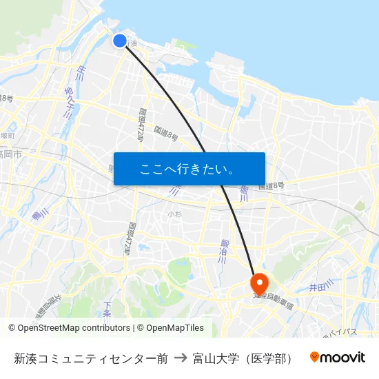 新湊コミュニティセンター前 to 富山大学（医学部） map