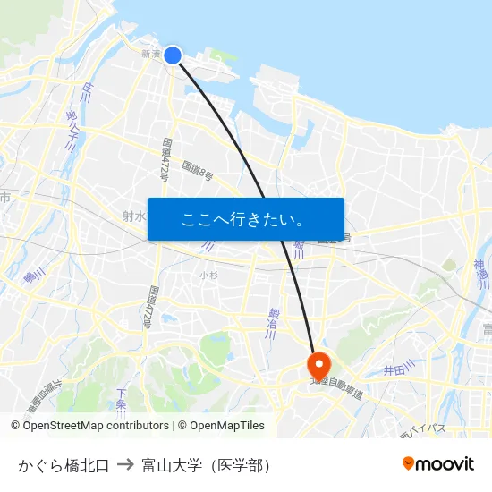 かぐら橋北口 to 富山大学（医学部） map
