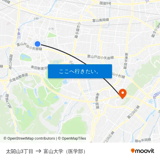 太閤山3丁目 to 富山大学（医学部） map