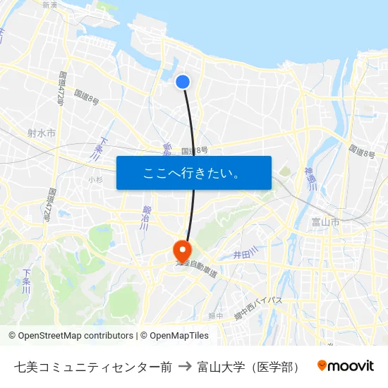 七美コミュニティセンター前 to 富山大学（医学部） map