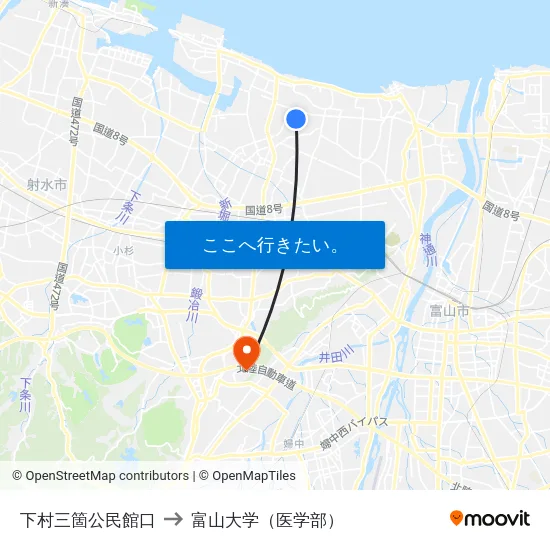 下村三箇公民館口 to 富山大学（医学部） map