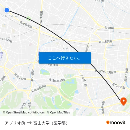アプリオ前 to 富山大学（医学部） map
