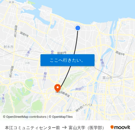本江コミュニティセンター前 to 富山大学（医学部） map