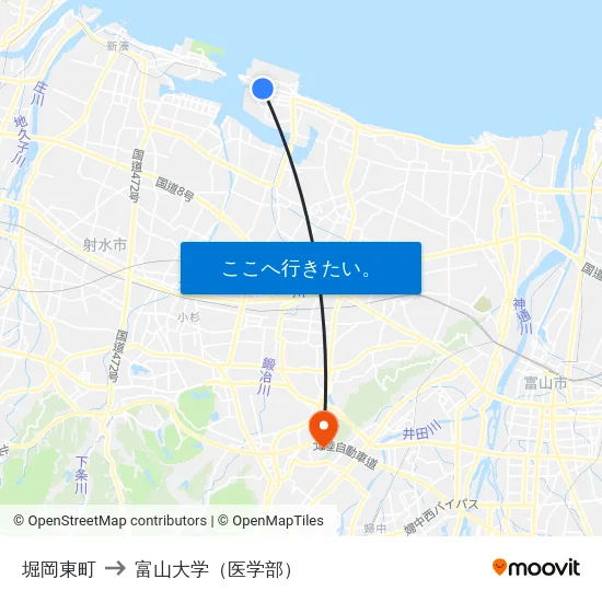 堀岡東町 to 富山大学（医学部） map