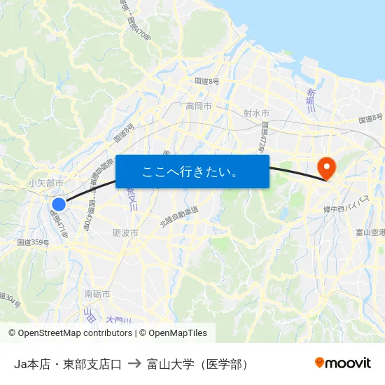 Ja本店・東部支店口 to 富山大学（医学部） map