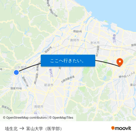 埴生北 to 富山大学（医学部） map
