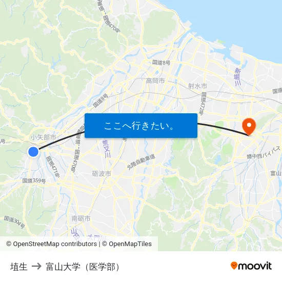埴生 to 富山大学（医学部） map