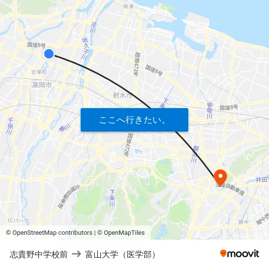 志貴野中学校前 to 富山大学（医学部） map