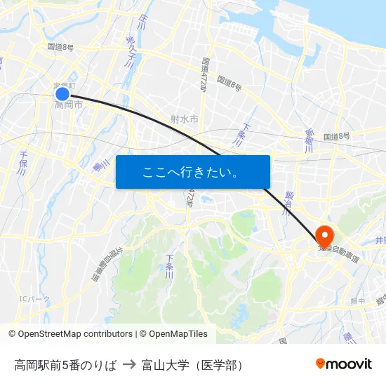 高岡駅前5番のりば to 富山大学（医学部） map