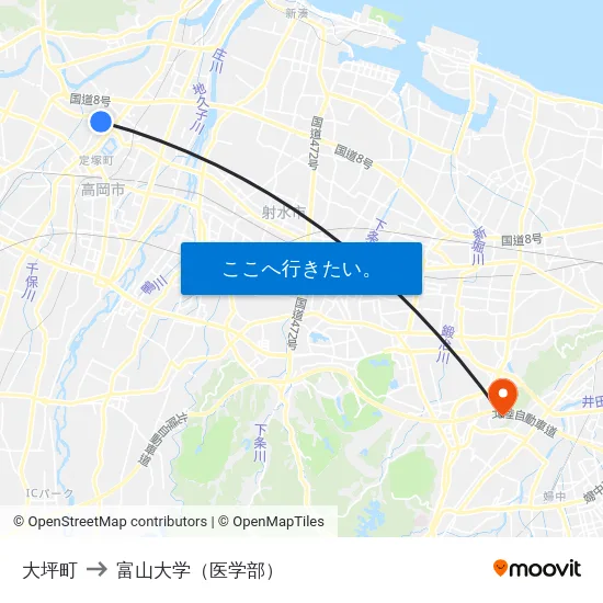 大坪町 to 富山大学（医学部） map