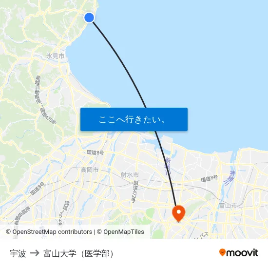 宇波 to 富山大学（医学部） map
