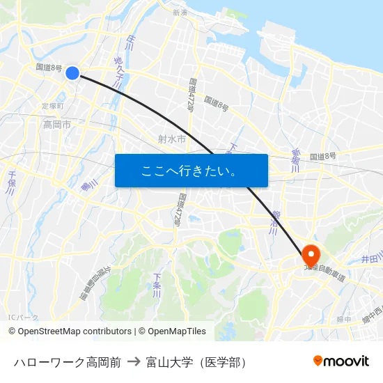 ハローワーク高岡前 to 富山大学（医学部） map